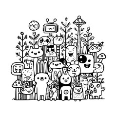 Fototapeta premium Whimsical Cartoon Animals and Plants in Black and White Line Art