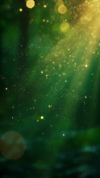 Enchanted Forest Particles: Golden Light Rays Illuminating Green Depths with Glowing Fireflies