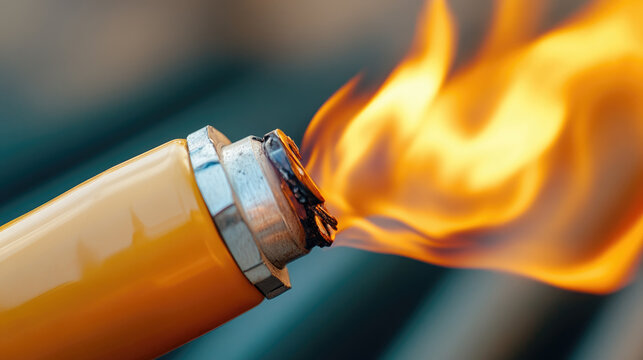 Gas cylinder with a faulty valve producing a dangerous flame from leaking fuel, indicating a serious fire hazard and potential explosion risk