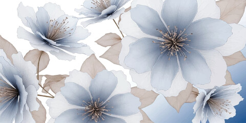 Elegant watercolor blue and white flowers with beige leaves, seamless floral pattern background for design and decor, hand painted, design element, greeting card © Rosa Alba L 