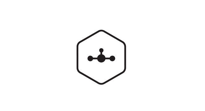 Simple black molecule icon within a hexagonal shape on white background.