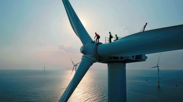 People work on top of wind turbine in sea, engineers perform maintenance of windmill in ocean. Concept of energy, power