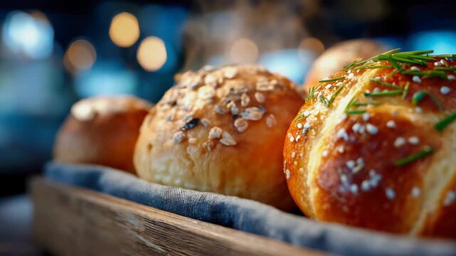 Freshly baked bread rolls on a wooden tray with herbs in a warm restaurant setting during evening hours