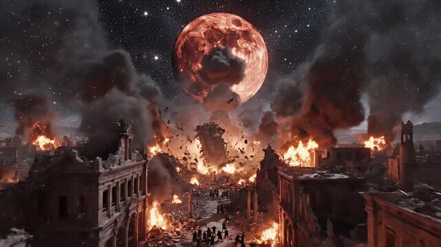 Burning Ancient City Under a Blood Moon - A ruined ancient city burns at night under a large, ominous blood moon.