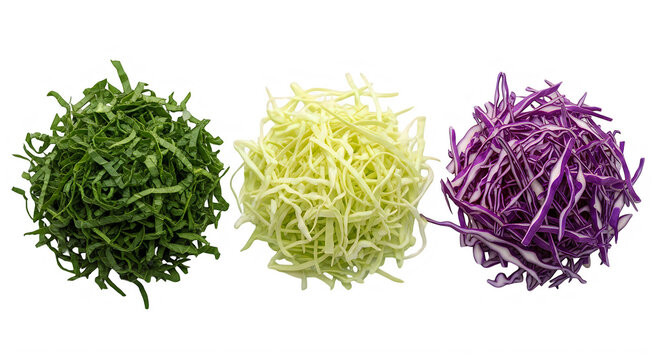 Three piles of shredded colorful cabbage on transparent background