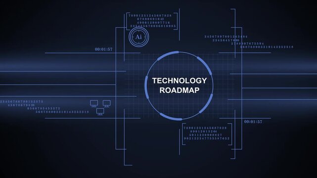 A professional digital HUD background showcasing a technology roadmap concept with AI icons, data elements, and futuristic user interface graphics on a dark blue canvas.