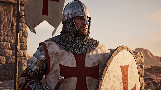 Templar Knight Guard - A brave knight stands guard wearing a detailed suit of Templar armor. He is holding a shield, and a sword is visible at his side.