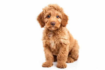Adorable mini golden doodle puppy isolated on the white background. 