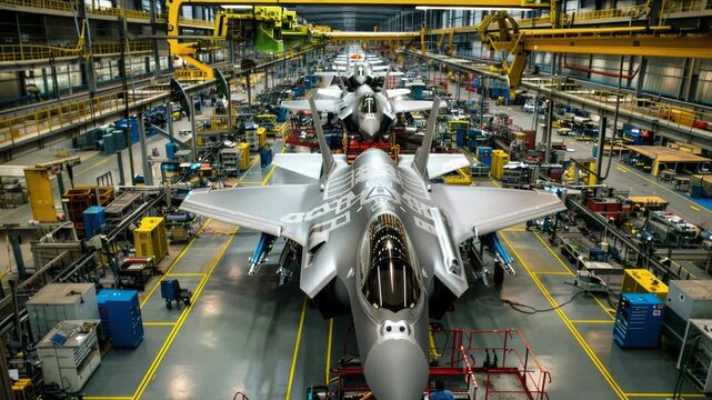 Airplanes being built at modern aerospace factory, military aircrafts are in plant. Concept of plane, industry, manufacturing, fighter, war	