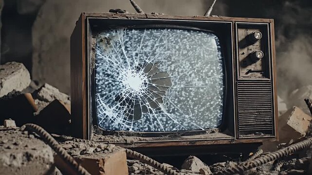 Broken Vintage Television Set in Ruins - A vintage CRT television set with a cracked screen sits among concrete rubble and twisted metal in a desolate setting.