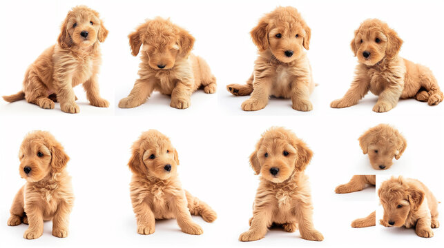 Adorable mini golden doodle puppy isolated on the white background. Adorable mini golden doodle puppy isolated on the white background. Various poses and angles 