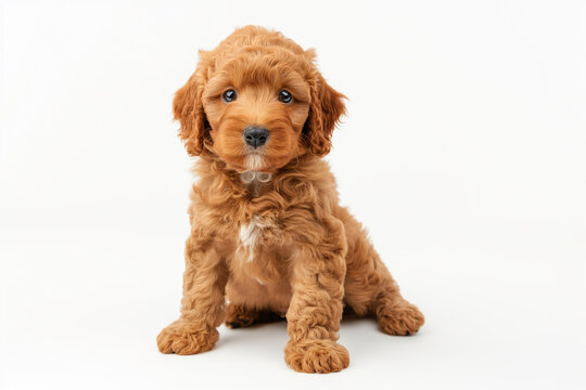 Adorable mini golden doodle puppy isolated on the white background. 