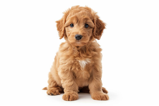 Adorable mini golden doodle puppy isolated on the white background. 