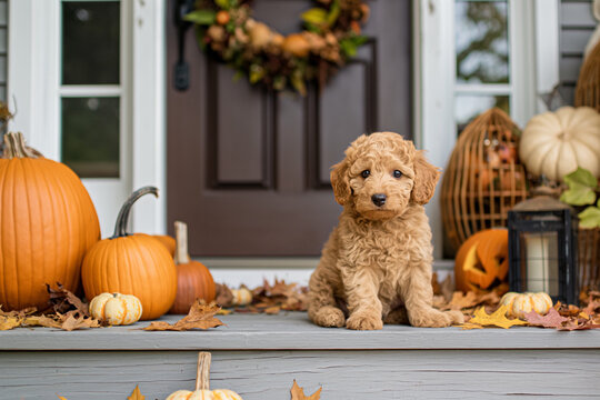 A mini golden doodle sitting on the autumn porch among the pumpkins, cute puppy and the fall