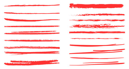 Obraz premium Abstract red marker and brush strokes set, hand drawn underline and scribble texture elements, grunge graffiti art lines and curves for modern graphic design on transparent background
