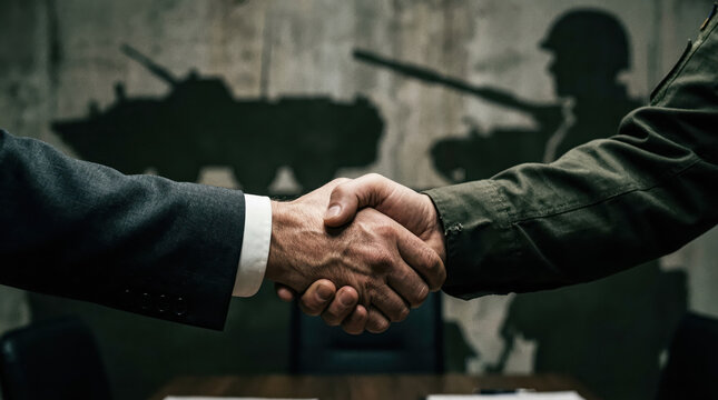 Close-up of a Handshake Between a Businessman and a Military Officer Against a Backdrop of Armed Forces Silhouettes, Representing Defense Contracts and Strategic Alliances.
