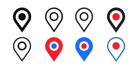 Collection of location pin icons in various colors and styles