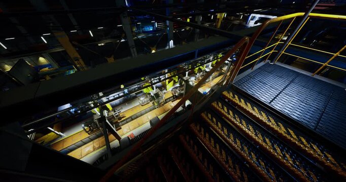 An industrial setting showcases a multi level design with a focus on complex machinery and equipment. Bright lights illuminate the stairs and work areas, creating a dynamic atmosphere.