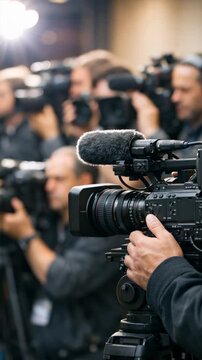 Media coverage scene with camera operators and photographers