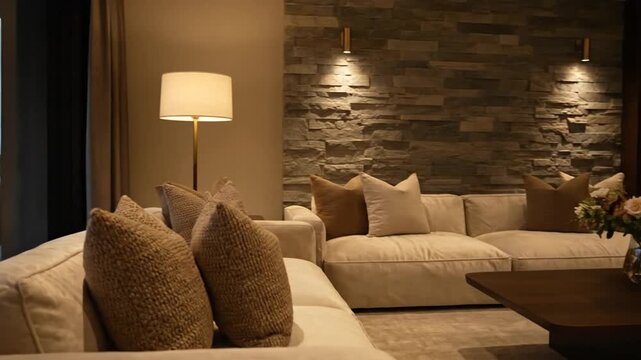 Contemporary living room interior with cozy sofas and warm lighting