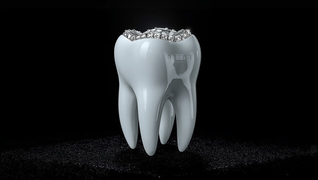 Luxury tooth decorated with diamonds on dark background, concept of premium dental aesthetics, sparkling gemstones on white enamel, high end jewelry style