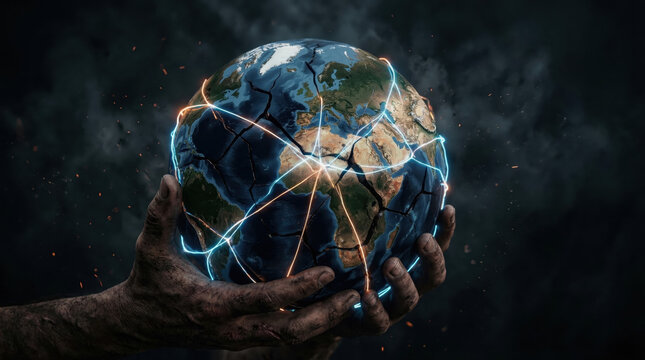 Global Digital Network Connections Over Cracking Planet Earth Held in Human Hands, Concept of Environmental Crisis, Worldwide Communication Technology, and Sustainability Issues.