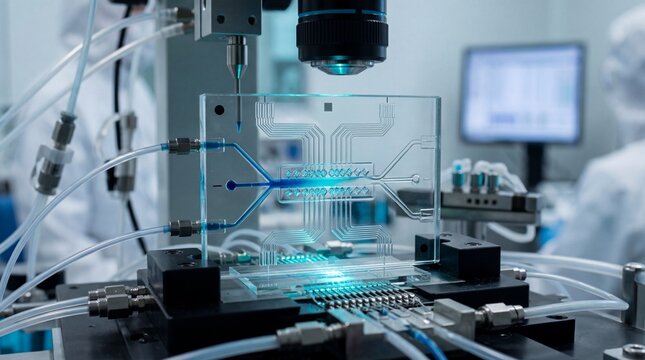 Microfluidic device experimental setup operating in sterile biotechnology cleanroom