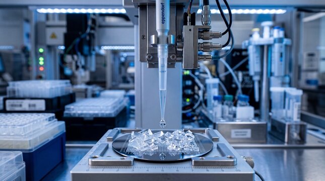 Precision Liquid Handler Dispensing Droplet Onto Crystalline Matrix