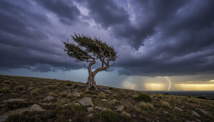 Majestic tree standing alone on hill under stormy sky and lightning  
