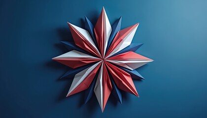 Red white blue origami star decoration made from paper. Geometric handmade art object with sharp points arranged radially on dark blue background. Craft festive design for holidays.