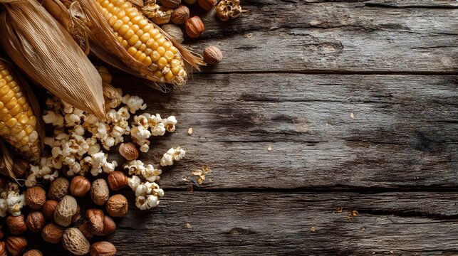 Rustic wooden table with popcorn, corn on the cob, and assorted nuts for a harvest theme