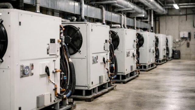 Row of commercial cooling systems with large ventilation fans