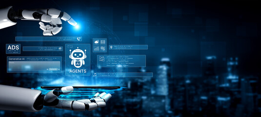 Obraz premium AI agents orchestrate advertising campaigns with generative content, analytics and messaging. Use AI agents to automate ads, manage prompts, and coordinate email, calls and media workflows. Corpus