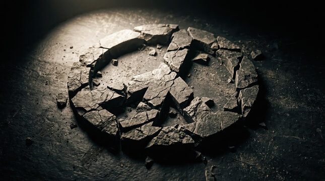 Dramatic image of a cracked and crumbling stone peace sign on a dark surface, symbolizing broken treaties, political instability, social unrest, and the destruction of peace.