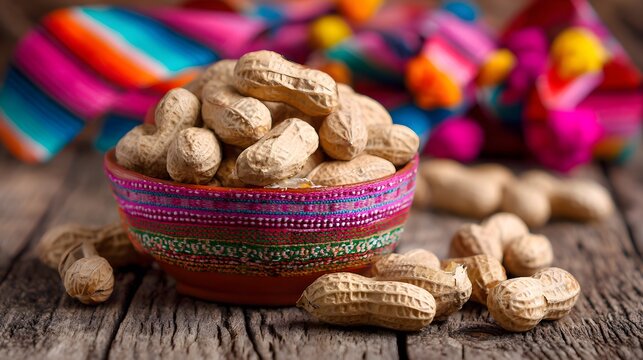 Bowl of peanuts with colorful woven fabric in the background on a rustic wooden table