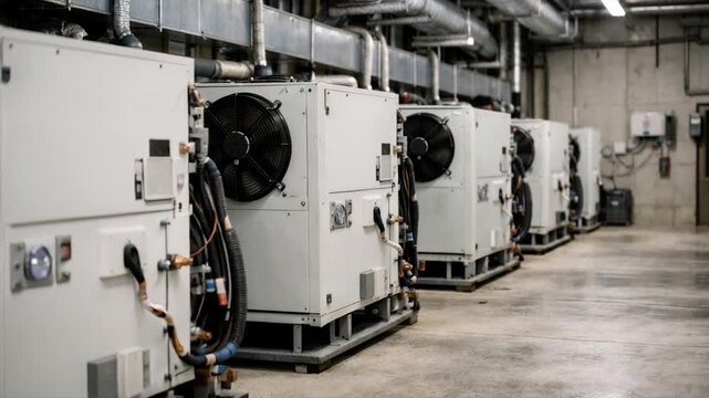 Row of commercial cooling systems with large ventilation fans