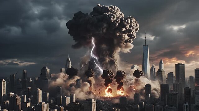 Cityscape Explosion with Lightning - A towering mushroom cloud rises from an explosion in a city, with lightning flashing through the cloud.