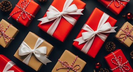 Obraz premium Wrapped Christmas presents with ribbons and bows on dark surface with pinecones