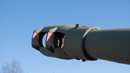 Closeup Of Tank Barrel Showing Mechanical Engineering And Combat Stance. Detailed View Of Armored...