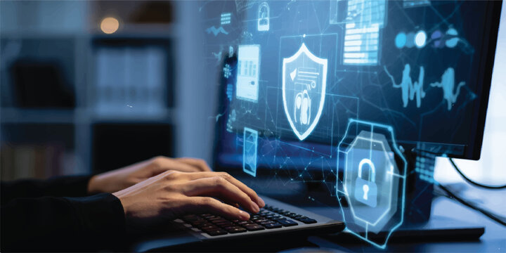 Digital network security, cybersecurity concepts with icons on computer screen and user typing, data protection, user interface, web development