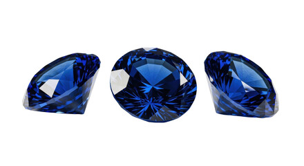 Three flawless royal cornflower blue synthetic sapphire gemstones, 58 precise facets visible in a macro studio shot against white, utilizing focus stacking. Concept of opulence and technical