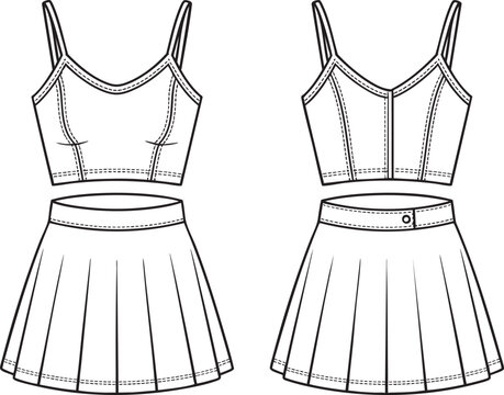 Technical drawing illustration of a crop top and pleated mini skirt set.