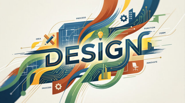 Abstract graphic design concept illustration featuring the word DESIGN with vibrant colorful flowing lines, architectural icons, and technical symbols for innovation and art.