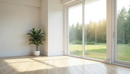 Fototapeta premium Modern empty room with large window overlooks green forest. Bright interior with light wood floor and green potted plant. Minimalist space for home office or apartment living.