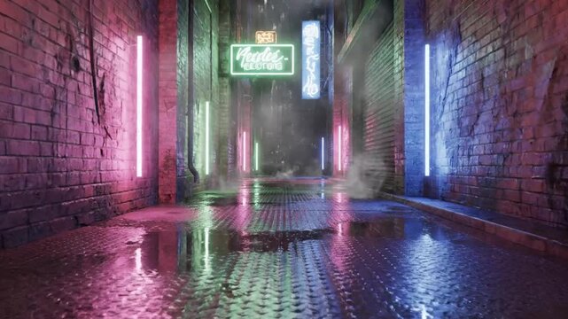 Abandoned urban alleyway with neon lights.