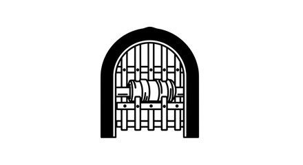 Fototapeta premium black and white line drawing of metal gate with wine barrel