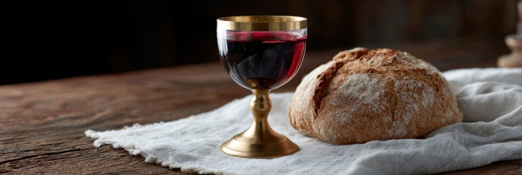 religious themed web banner, a captivating web banner header spotlights the eucharist with a sleek gold chalice, rustic unleavened bread, and warm candlelight ideal for copy on the left rich