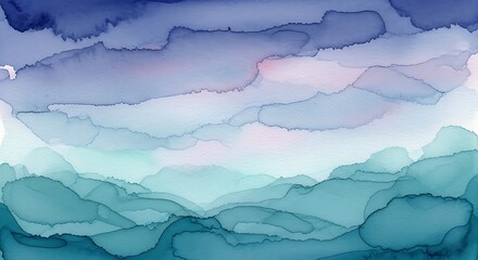 Obraz premium Abstract watercolor artwork depicting layers of misty mountains in shades of blue and teal