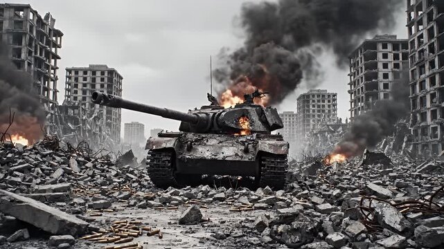 Destroyed Tank in War Zone Ruins - A heavily damaged tank sits amidst the ruins of a war-torn battlefield, with fire and smoke rising from the wreckage.