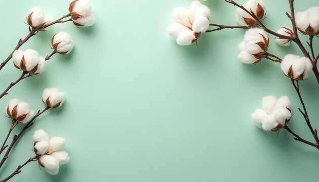 Cotton branches with fluffy white bolls on light mint backdrop. Natural plant material creates soft border. Organic texture offers clean copy space for design.